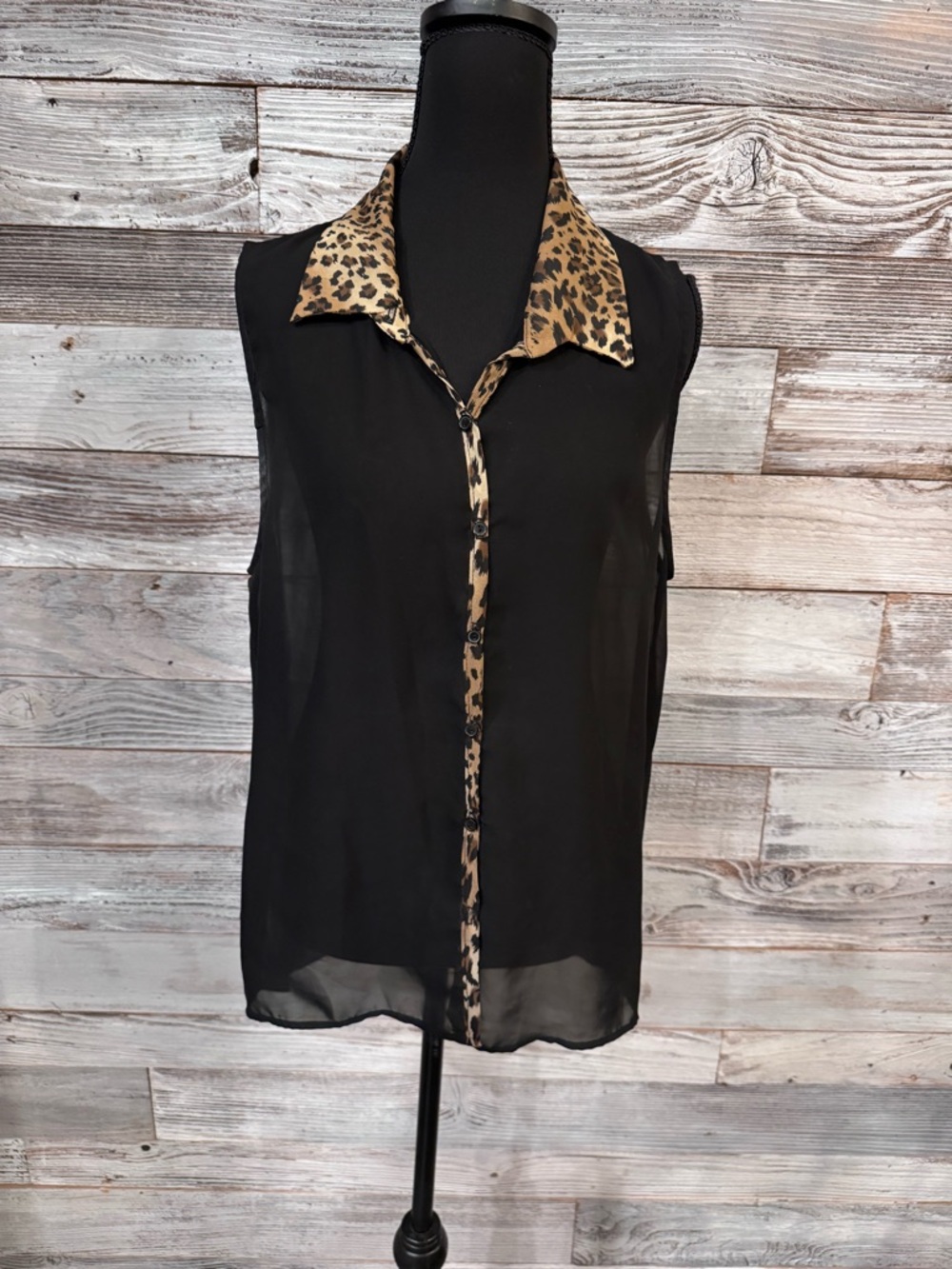 Black Sheer Sleeveless Blouse with Leopard Trim